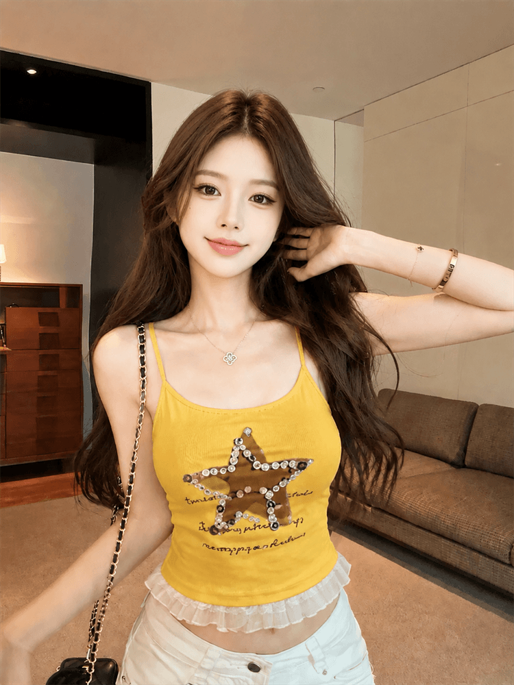 실사 정가 재미있는 별 단추 레이스 레이스 캐미솔 벨트 가슴 패드 이미지 3