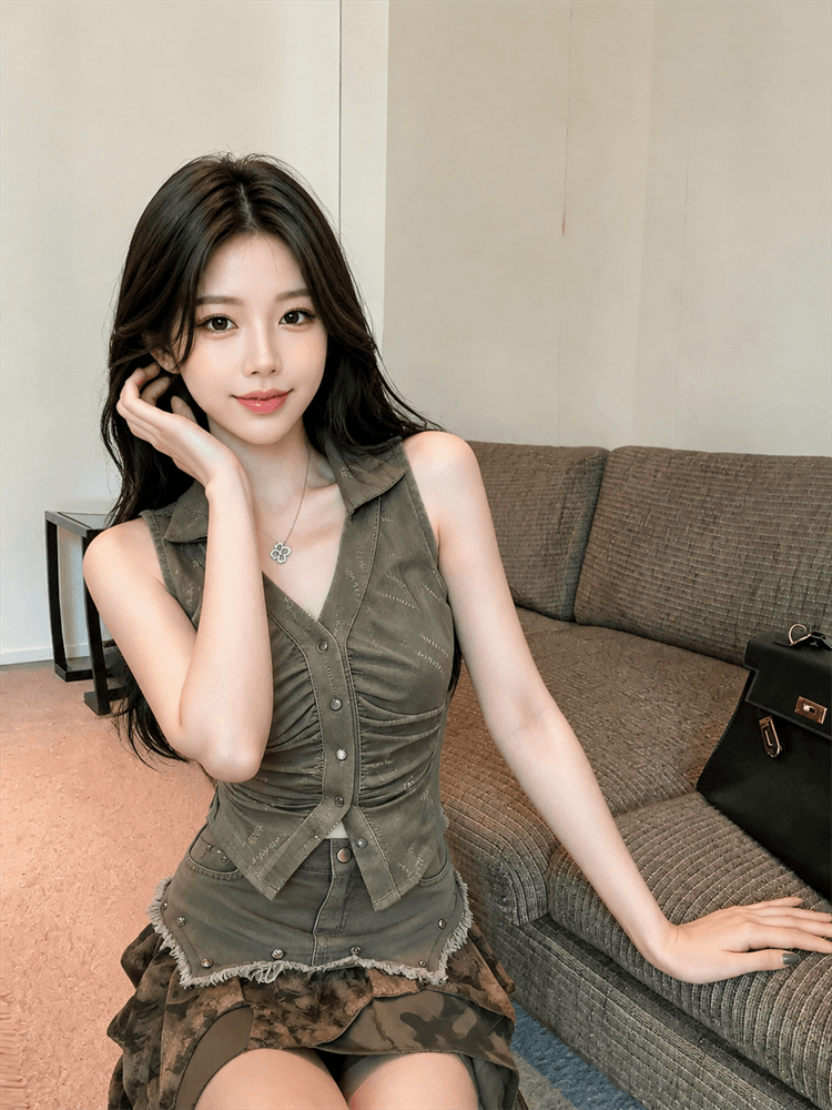 실사 한 부서 폴로 칼라 싱글 줄 버튼 민소매 조끼 레트로 오토바이 허리 수축 몸매 가꾸기 맨위 상세 이미지 9