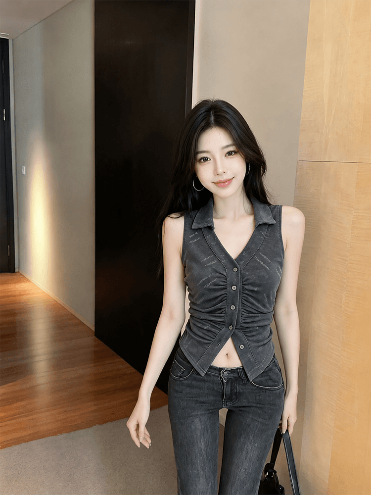 실사 한 부서 폴로 칼라 싱글 줄 버튼 민소매 조끼 레트로 오토바이 허리 수축 몸매 가꾸기 맨위 이미지 4