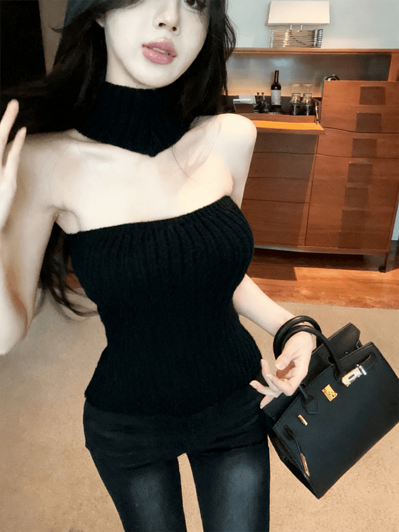 실사 니트 튜브탑 조끼 여성 가을 겨울철 크리스마스 순수한 욕망 행침 목 몸매 가꾸기 만나는 맨위 이미지 3