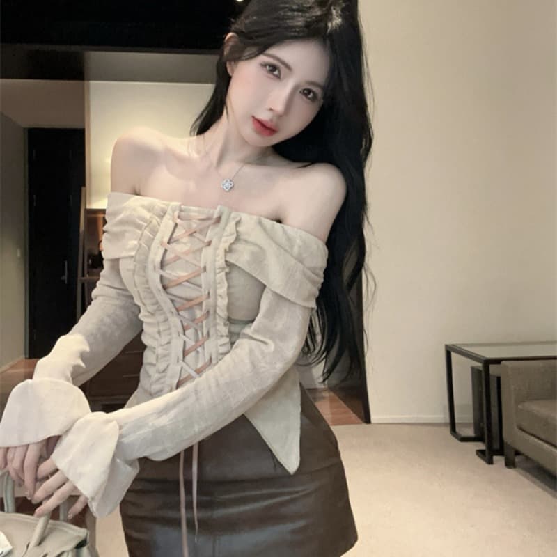실사 정가 새로운 디자인 작은 대중 오프숄더 스트랩 쉬폰 블라우스 몸매 가꾸기 슬림해 보이는 달콤한 핫걸 쇼트 스타일 맨위 이미지 5