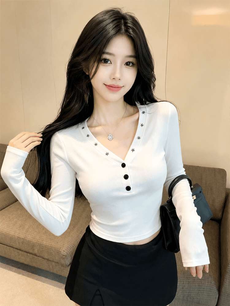 실사 별 V넥 하프 단추 긴팔 티셔츠 몸매 가꾸기 신축성 허리 수축 핫걸 만나는 맨위 이미지 2