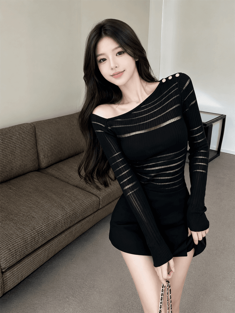 실사 핫걸 디자인 센스 엠보싱 버클 비스듬한 어깨 긴팔 니트 맨위