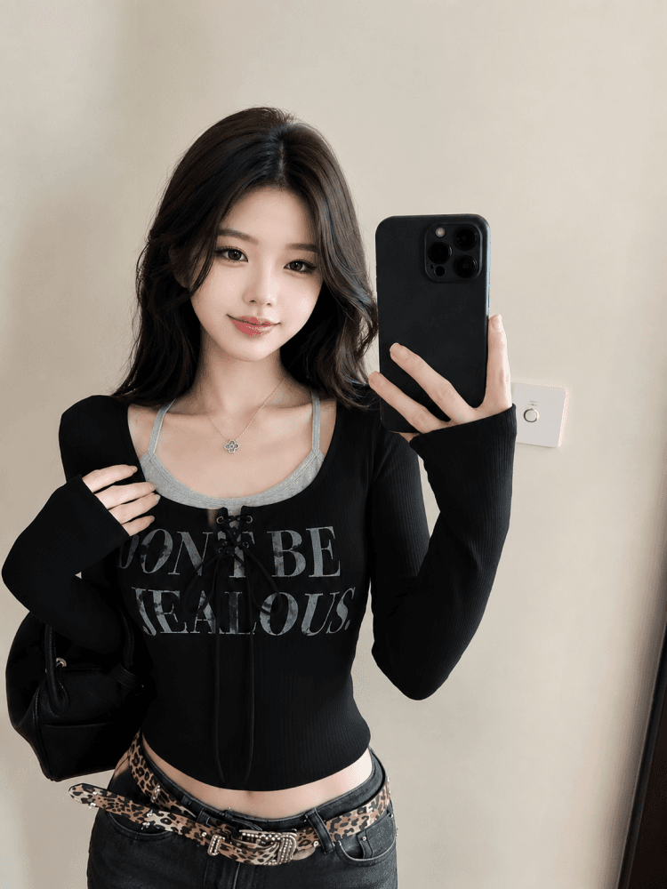 실사 아메리칸 핫걸 페이크 레이어드 행침 목 긴팔 티셔츠 디자인 센스 작은 대중 슬림해 보이는 맨위 상세 이미지 2