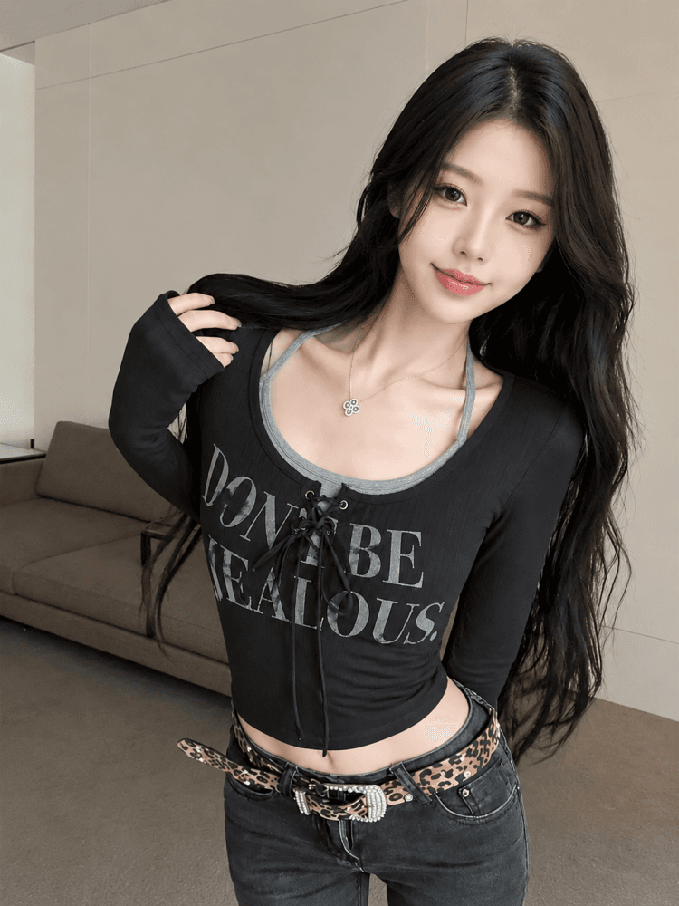 실사 아메리칸 핫걸 페이크 레이어드 행침 목 긴팔 티셔츠 디자인 센스 작은 대중 슬림해 보이는 맨위 상세 이미지 6