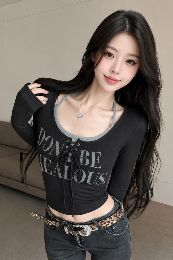 실사 아메리칸 핫걸 페이크 레이어드 행침 목 긴팔 티셔츠 디자인 센스 작은 대중 슬림해 보이는 맨위 이미지 6