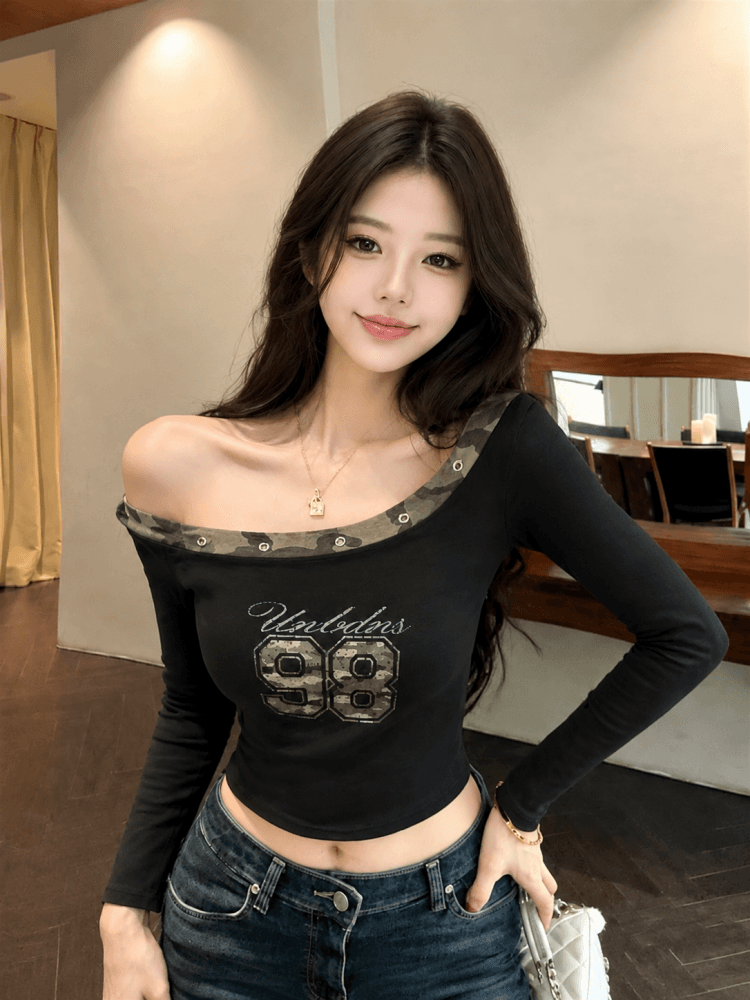 실사 가을 새로운 핫걸 섹시함 비스듬한 어깨 버드 나무 못 티셔츠 카모플라주 알파벳 프린트 맨위 상세 이미지 4