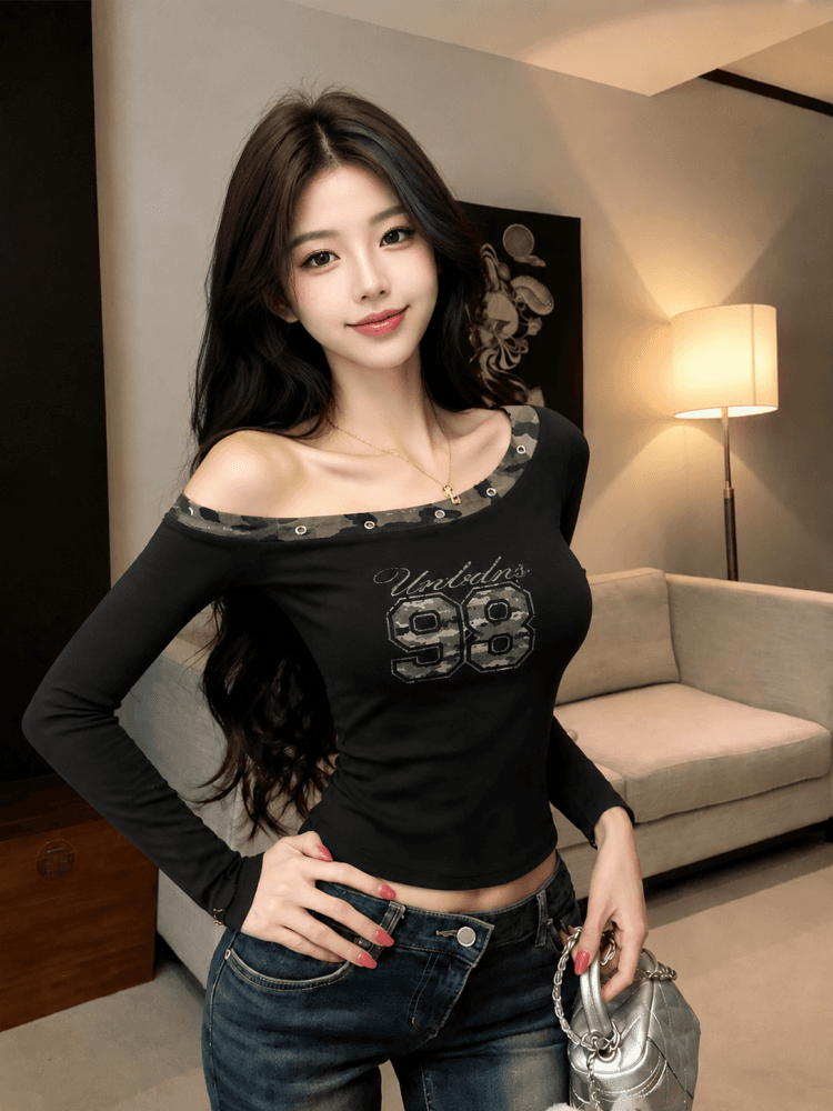 실사 가을 새로운 핫걸 섹시함 비스듬한 어깨 버드 나무 못 티셔츠 카모플라주 알파벳 프린트 맨위 상세 이미지 5