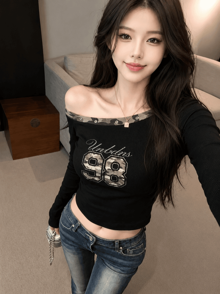 실사 가을 새로운 핫걸 섹시함 비스듬한 어깨 버드 나무 못 티셔츠 카모플라주 알파벳 프린트 맨위 상세 이미지 6