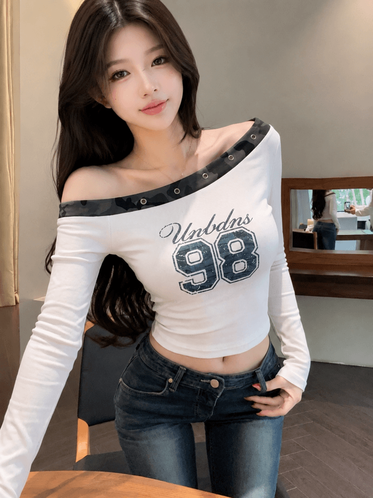 실사 가을 새로운 핫걸 섹시함 비스듬한 어깨 버드 나무 못 티셔츠 카모플라주 알파벳 프린트 맨위 상세 이미지 8