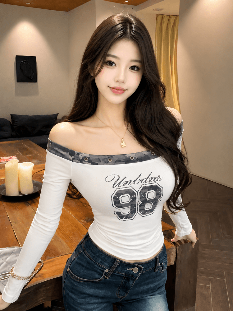 실사 가을 새로운 핫걸 섹시함 비스듬한 어깨 버드 나무 못 티셔츠 카모플라주 알파벳 프린트 맨위 상세 이미지 10