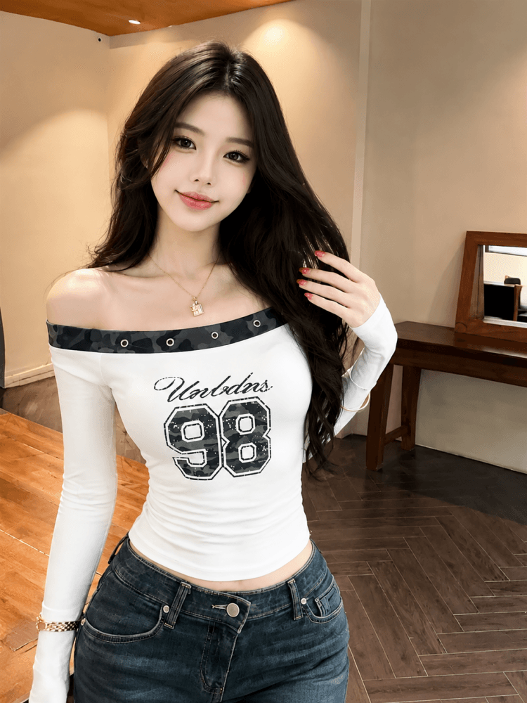실사 가을 새로운 핫걸 섹시함 비스듬한 어깨 버드 나무 못 티셔츠 카모플라주 알파벳 프린트 맨위 상세 이미지 12