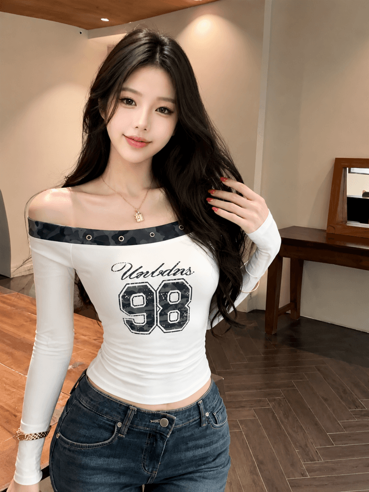 실사 가을 새로운 핫걸 섹시함 비스듬한 어깨 버드 나무 못 티셔츠 카모플라주 알파벳 프린트 맨위 상세 이미지 13