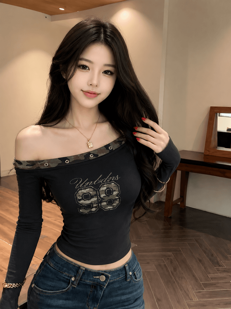 실사 가을 새로운 핫걸 섹시함 비스듬한 어깨 버드 나무 못 티셔츠 카모플라주 알파벳 프린트 맨위 이미지 3