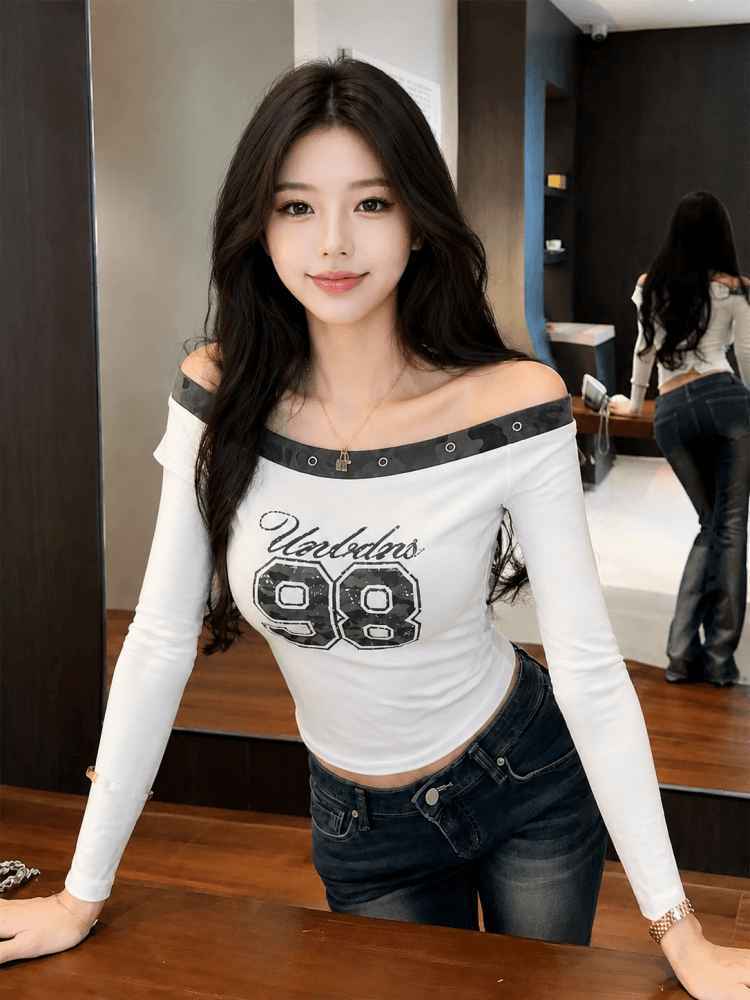 실사 가을 새로운 핫걸 섹시함 비스듬한 어깨 버드 나무 못 티셔츠 카모플라주 알파벳 프린트 맨위 이미지 4