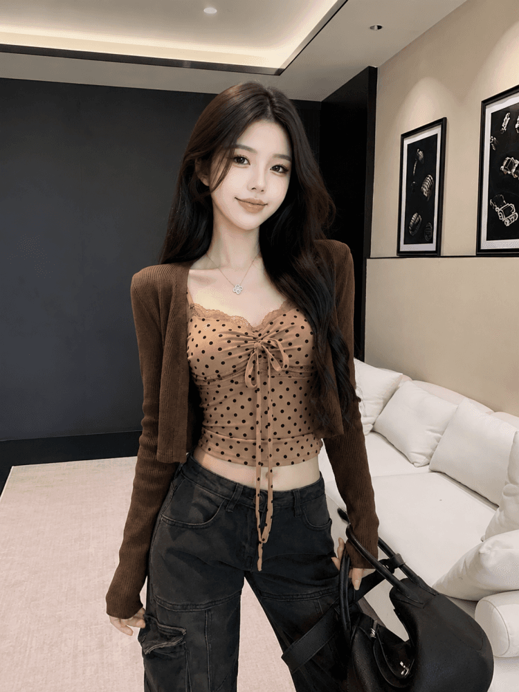 실사 핫걸 도트 무늬 캐미솔 가을 몸매 가꾸기 레이스업 조끼 오픈 가디건 투피스 세트 상세 이미지 4