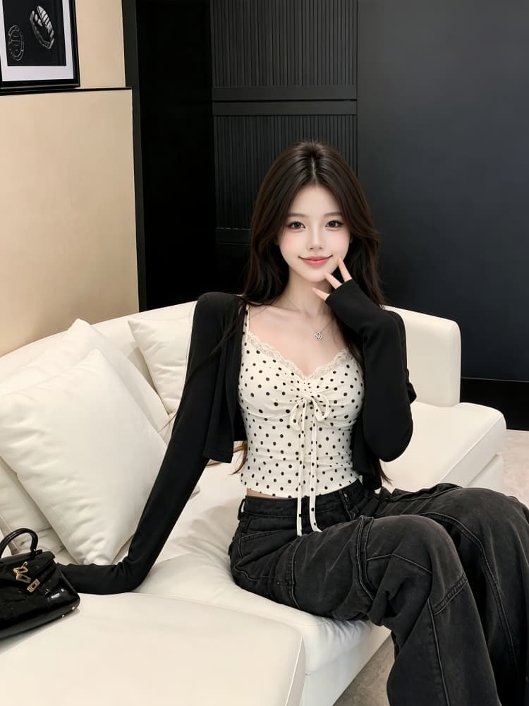 실사 핫걸 도트 무늬 캐미솔 가을 몸매 가꾸기 레이스업 조끼 오픈 가디건 투피스 세트 상세 이미지 7