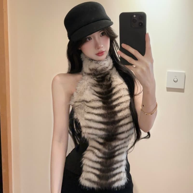실사 정가 현대 레트로 스타일 세련된 좋은 모피 패치워크 터틀넥 민소매 조끼 몸매 가꾸기 맨위 이미지 5