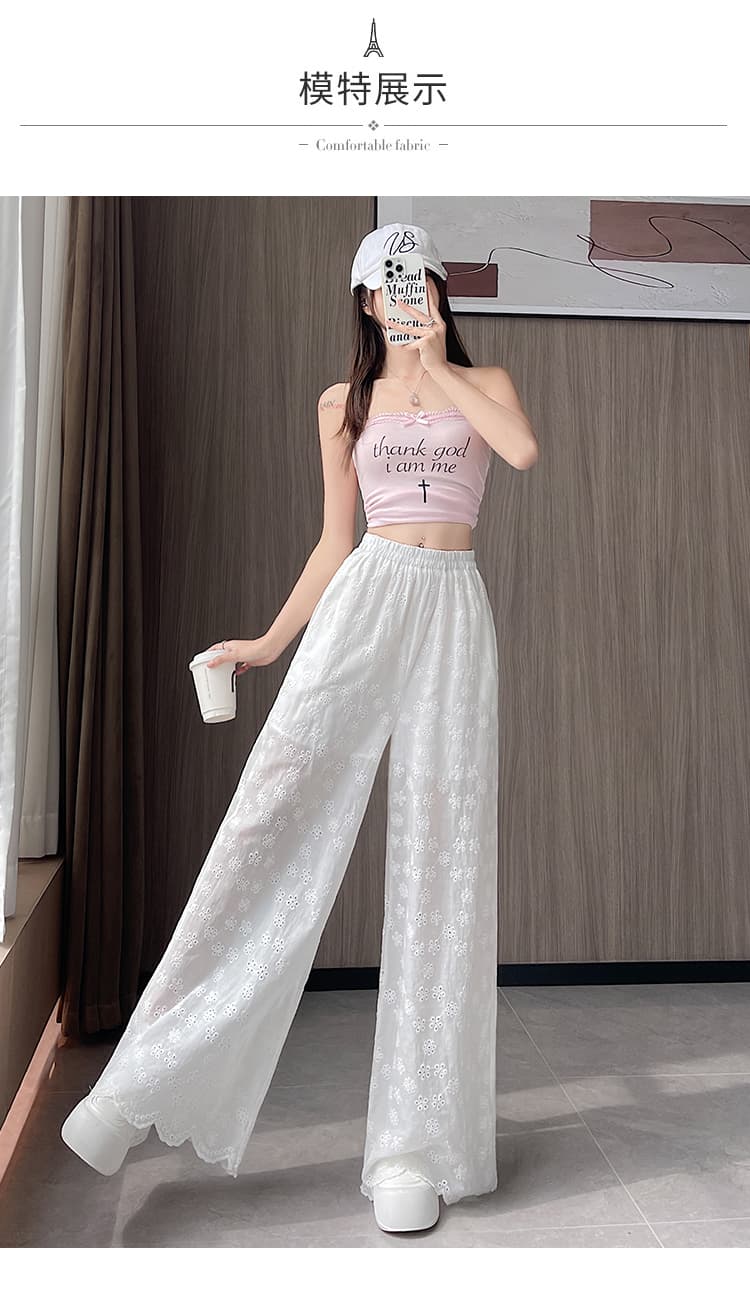실제 촬영 화이트 후크 플라워 빈 레이스 꽃 바지 여자 여름 바지 얇은 섹션 여가 느슨한 스트레이트 넓은 다리 길이 바지 상세 이미지 12