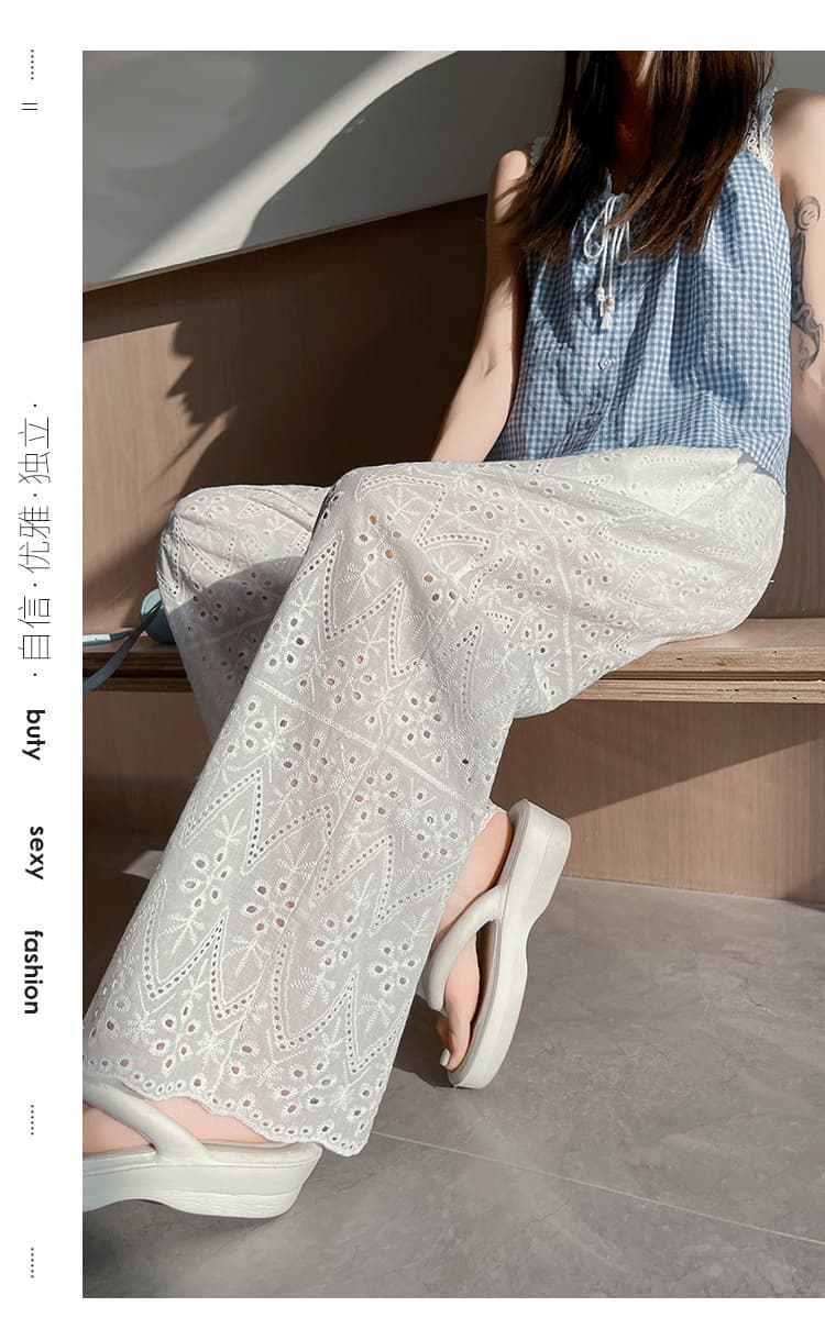 실제 촬영 화이트 후크 플라워 빈 레이스 벽오동 바지 여자 여름 바지 얇은 섹션 여가 느슨한 스트레이트 넓은 다리 길이 바지 상세 이미지 27