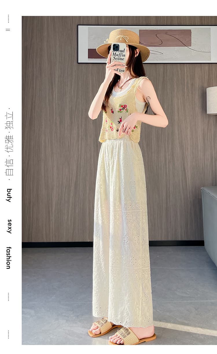 실제 촬영 화이트 후크 플라워 빈 레이스 벽오동 바지 여자 여름 바지 얇은 섹션 여가 느슨한 스트레이트 넓은 다리 길이 바지 상세 이미지 36