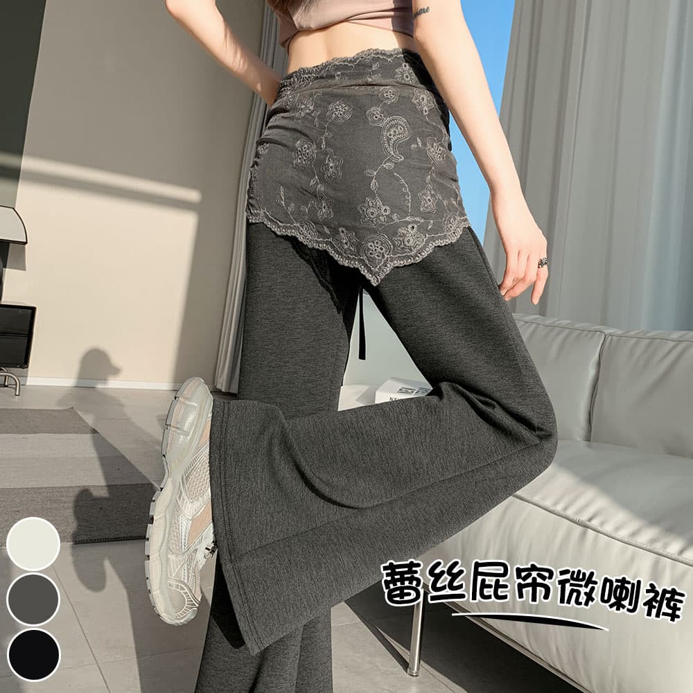 실사 레이스 레이스업 부츠컷 바지 여성 하이웨이스트 좁은 에디션 캐주얼 나팔 운동 웨이 바지 바닥 청소 호스 슈 벨트 랩스커트팬츠 이미지 4