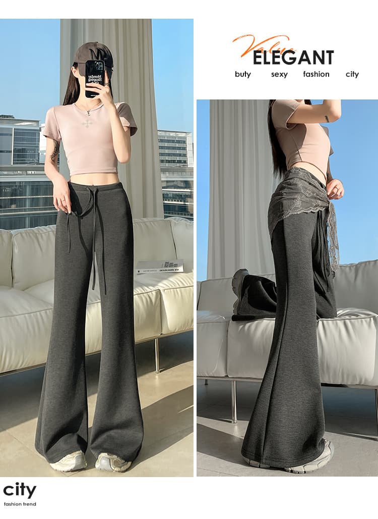 실사 레이스 레이스업 부츠컷 바지 여성 하이웨이스트 좁은 에디션 캐주얼 나팔 운동 웨이 바지 바닥 청소 호스 슈 벨트 랩스커트팬츠 상세 이미지 20