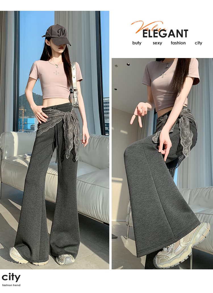 실사 레이스 레이스업 부츠컷 바지 여성 하이웨이스트 좁은 에디션 캐주얼 나팔 운동 웨이 바지 바닥 청소 호스 슈 벨트 랩스커트팬츠 상세 이미지 29