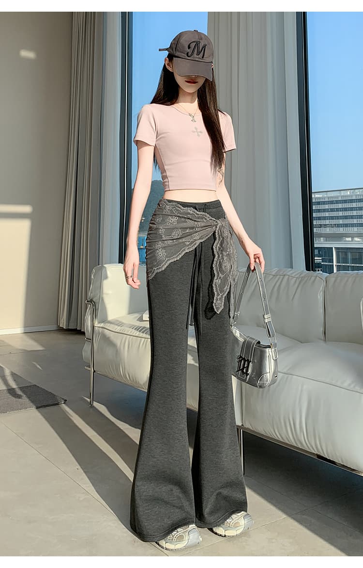 실사 레이스 레이스업 부츠컷 바지 여성 하이웨이스트 좁은 에디션 캐주얼 나팔 운동 웨이 바지 바닥 청소 호스 슈 벨트 랩스커트팬츠 상세 이미지 34