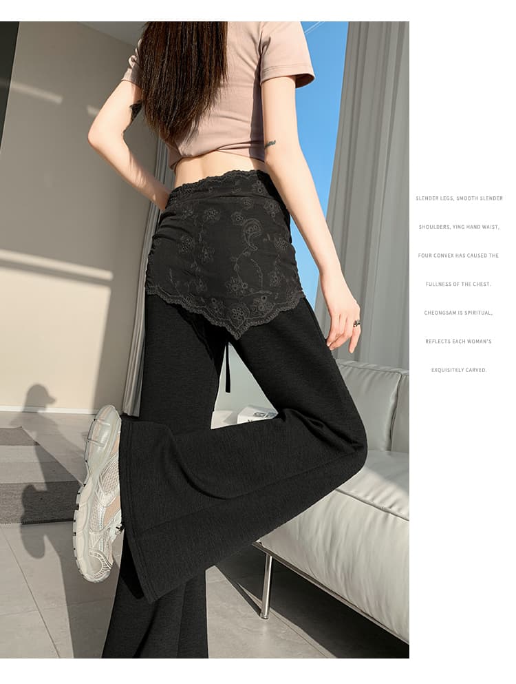실사 레이스 레이스업 부츠컷 바지 여성 하이웨이스트 좁은 에디션 캐주얼 나팔 운동 웨이 바지 바닥 청소 호스 슈 벨트 랩스커트팬츠 상세 이미지 40