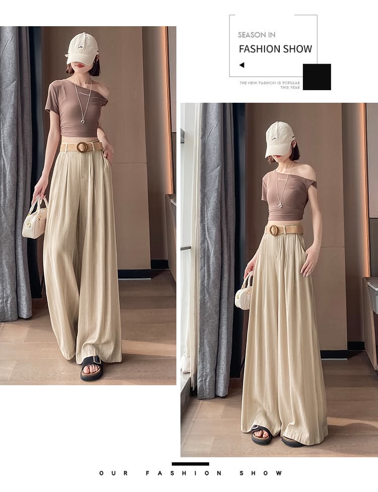 실사 레트로 좋은 Pleat 수직 곡물 질감 와이드 레깅스 바지 2026 여름 새로운 벨트 포함 하이웨이스트 슬림해 보이는 바닥 청소 바지 상세 이미지 37
