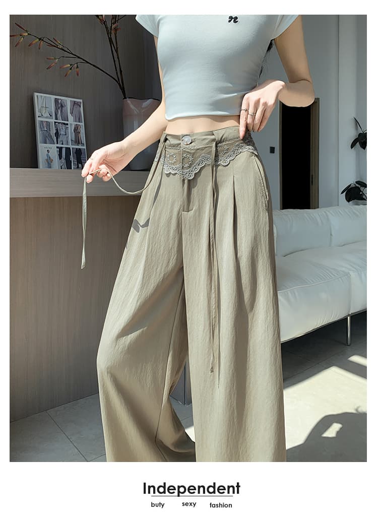 실사 레이스 자수 허리 머리 얼음 실크 정장 와이드 레깅스 바지 여름 새로운 하이웨이스트 플리츠 슬림해 보이는 도루 센스 캐주얼 바지 상세 이미지 35