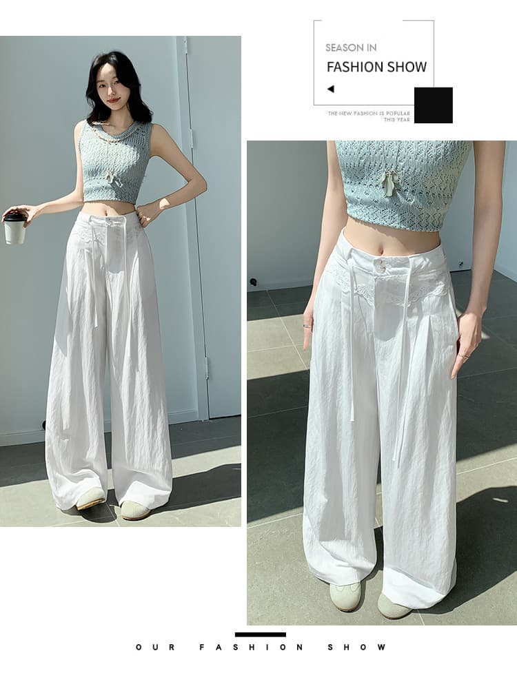 실사 레이스 자수 허리 머리 얼음 실크 정장 와이드 레깅스 바지 여름 새로운 하이웨이스트 플리츠 슬림해 보이는 도루 센스 캐주얼 바지 상세 이미지 52