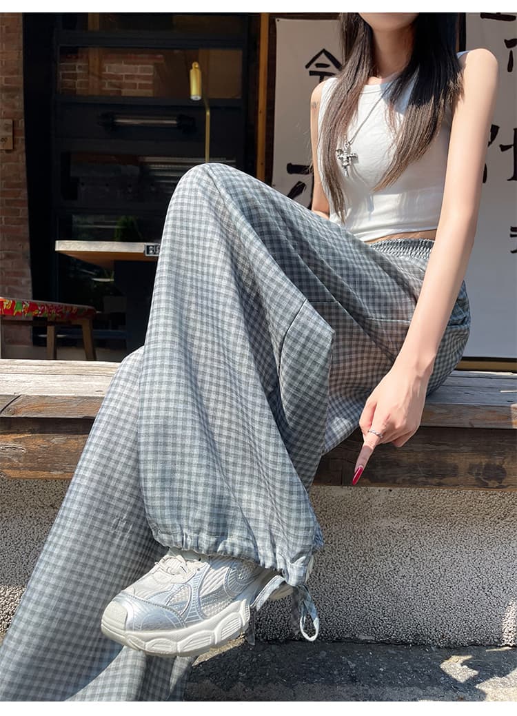실사 체크무늬 면 센스 와이드 레깅스 바지 2026 여름 새로운 하이웨이스트 수 있습니다. 조거 둘 착용 와이드 표지 고기 슬림해 보이는 캐주얼 바지 상세 이미지 29