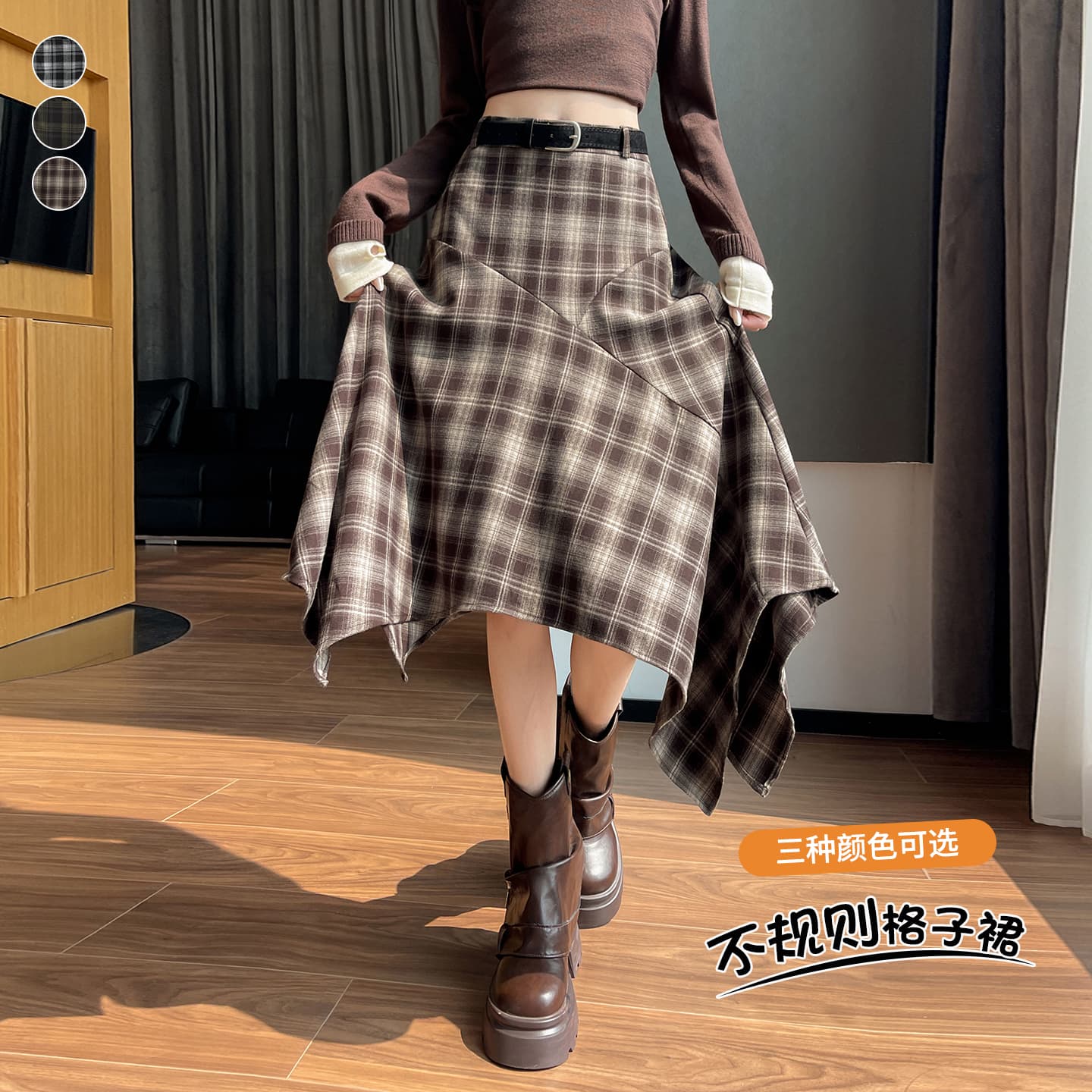 실사 레트로 불규칙 체크무늬 반신 스커트 여성 가을 겨울 새로운 하이웨이스트 표지 넓적 다리 슬림해 보이는 경 사진 치마 A라인 스커트 이미지 4