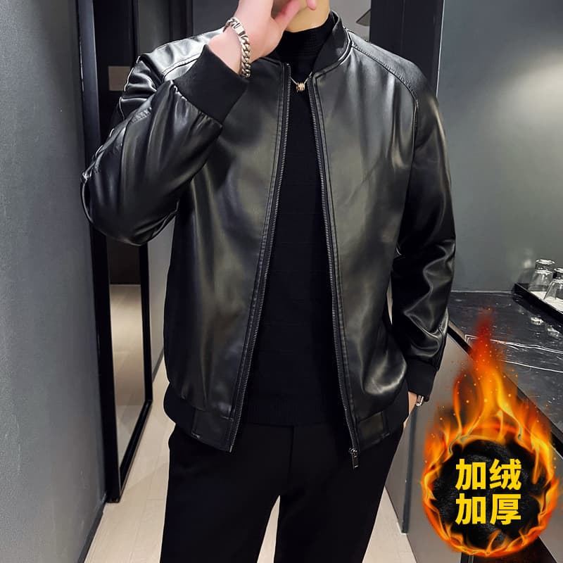 국경 간 가을 겨울 오토바이 재킷 청소년 남성 스탠드 칼라 pu 재킷 캐주얼 스탠드 칼라 가죽 재킷 방풍 보온 재킷 이미지 4