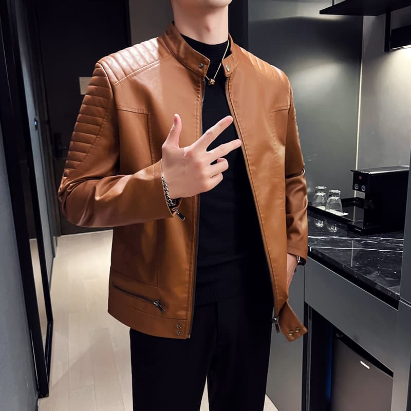국경 간 봄과 가을 옷 가죽 재킷 남자 새로운 한국 스타일 트렌드 패션 스탠드 칼라 몸매 가꾸기 pu 가죽 자켓 잘 생긴 청년 재킷 이미지 3