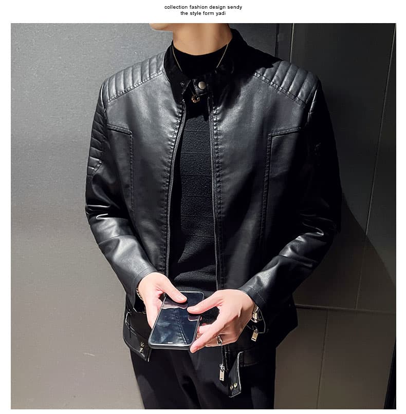국경 간 봄과 가을 옷 가죽 재킷 남자 새로운 한국 스타일 트렌드 패션 스탠드 칼라 몸매 가꾸기 pu 가죽 자켓 잘 생긴 청년 재킷 상세 이미지 13