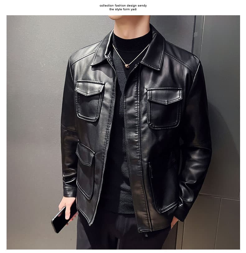국경 간 봄 가을 오토바이 재킷 청소년 남성 스탠드 칼라 pu 재킷 캐주얼 스탠드 칼라 가죽 재킷 방풍 보온 재킷 상세 이미지 13