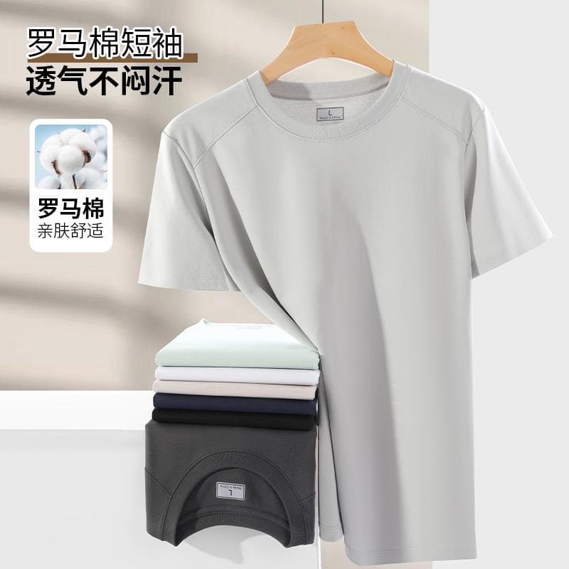 국경 간 새로운 남성 패치워크 다용도 로마 면 무거운 단색 라운드 넥 티셔츠 캐주얼 루즈핏 맨위 티셔츠 반팔 이미지 3