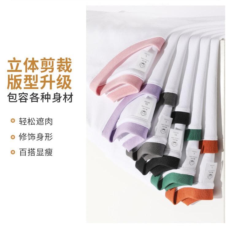 국경 간 새로운 남성 배색 측면 다용도 순면 무거운 단색 라운드 넥 티셔츠 캐주얼 루즈핏 맨위 티셔츠 반팔 상세 이미지 12