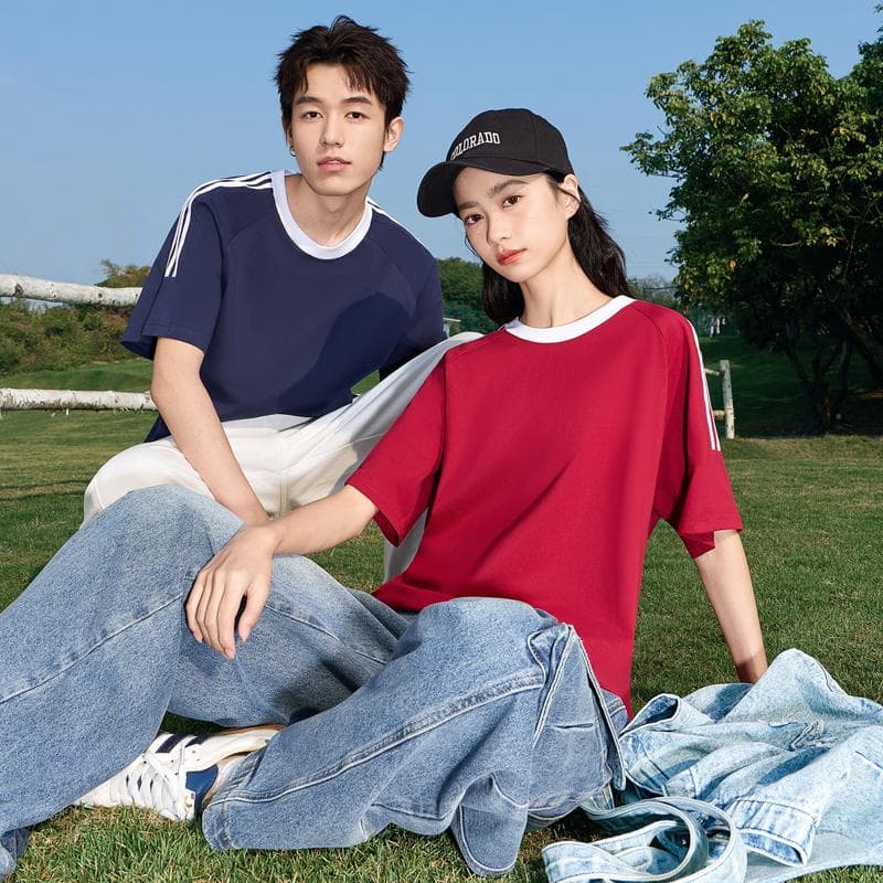 국경 간 새로운 남성 가을 어깨 소매 순면 무거운 배색 조수 브랜드 티셔츠 캐주얼 루즈핏 맨위 티셔츠 커플 반팔 이미지 4