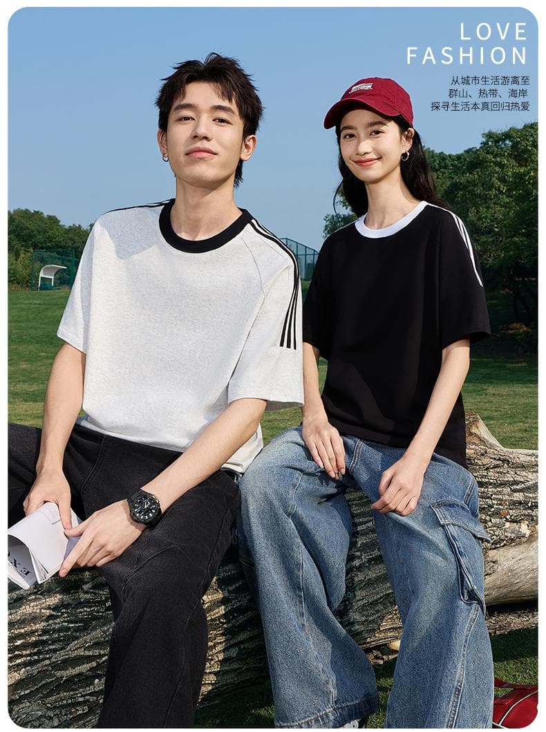 국경 간 새로운 남성 가을 어깨 소매 순면 무거운 배색 조수 브랜드 티셔츠 캐주얼 루즈핏 맨위 티셔츠 커플 반팔 상세 이미지 8