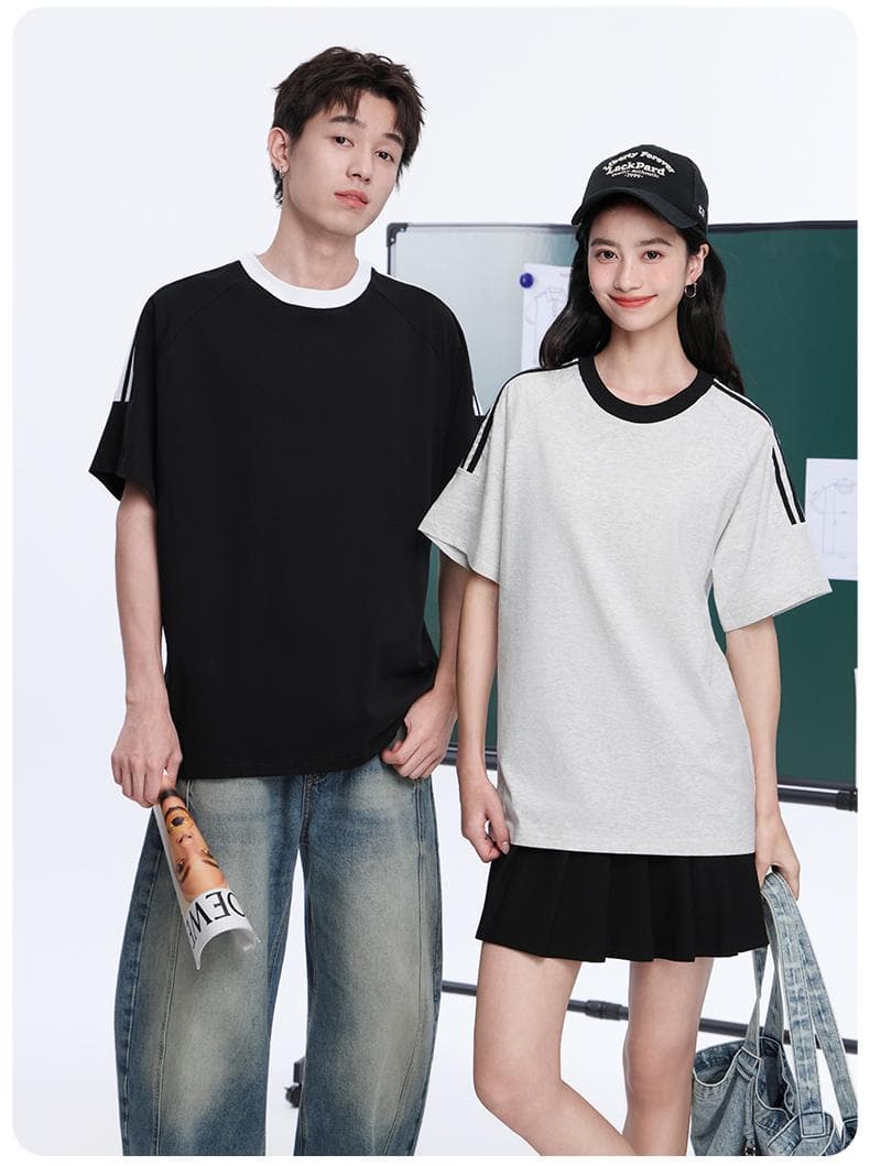 국경 간 새로운 남성 가을 어깨 소매 순면 무거운 배색 조수 브랜드 티셔츠 캐주얼 루즈핏 맨위 티셔츠 커플 반팔 상세 이미지 14