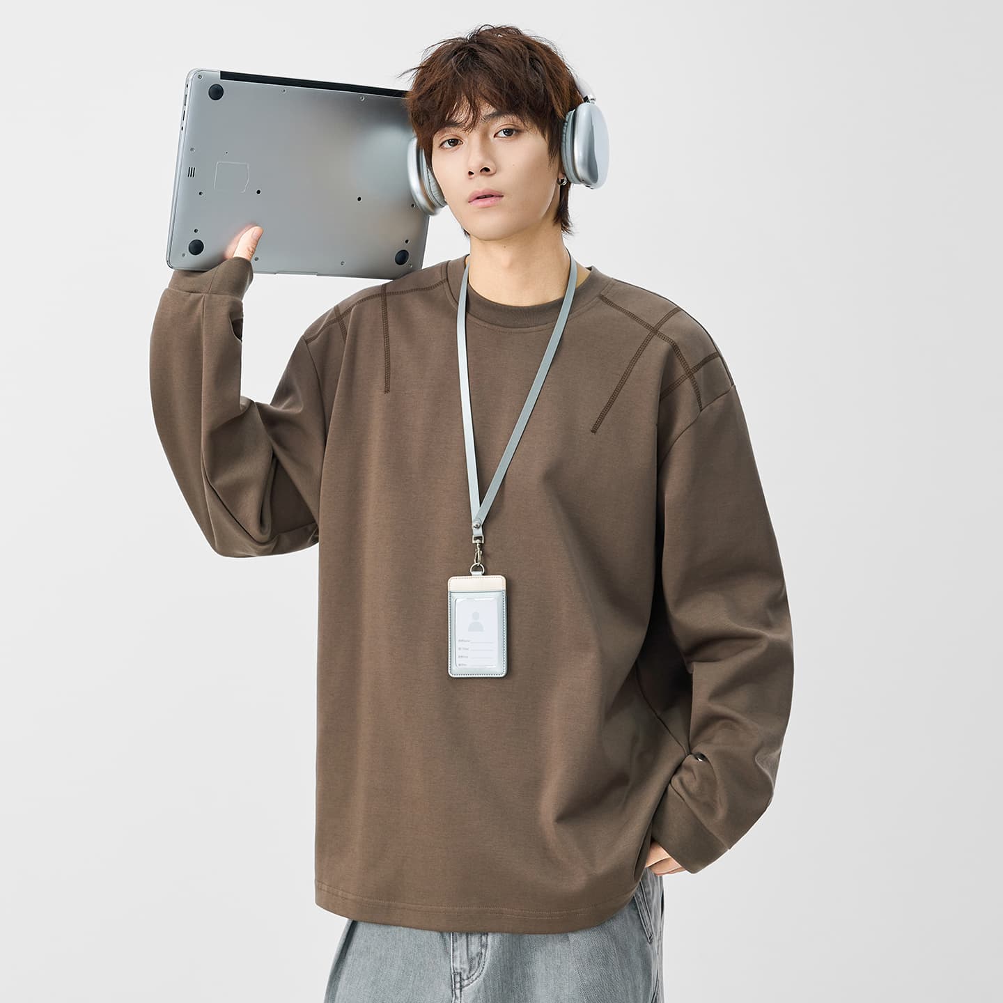 국경 간 어깨 패드 긴팔 티셔츠 남성 긍정적 인 어깨 후드티 아메리칸 악당 잘 생긴 디자인 센스 라운드 넥 디스플레이 어깨 루즈핏 맨위 이미지 3