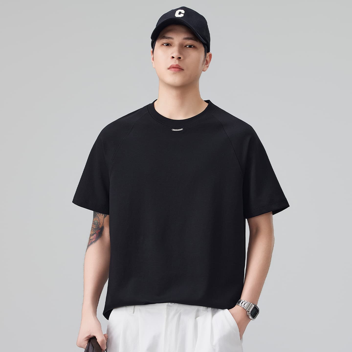 국경 간 순면 남성 라운드 넥 티셔츠 삽입 어깨 소매 조수 브랜드 루즈핏 일본식 다용도 반팔 티셔츠 여름 2026 새로운 이미지 3