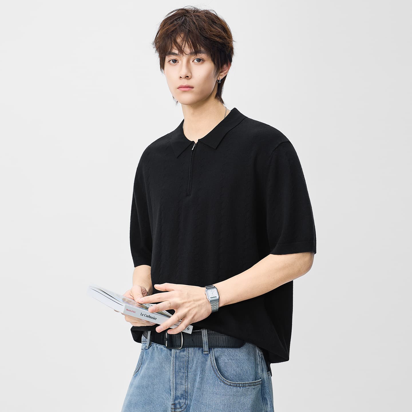 국경 간 남성 2026 새로운 폴로 칼라 단색 니트 스웨터 반팔 여름 루즈핏 일본식 다용도 조수 브랜드 POLO 셔츠 이미지 2