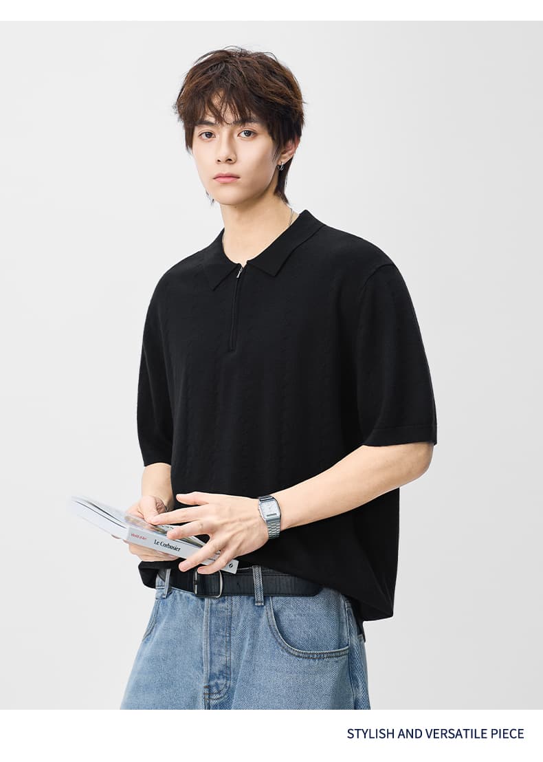 국경 간 남성 2026 새로운 폴로 칼라 단색 니트 스웨터 반팔 여름 루즈핏 일본식 다용도 조수 브랜드 POLO 셔츠 상세 이미지 15