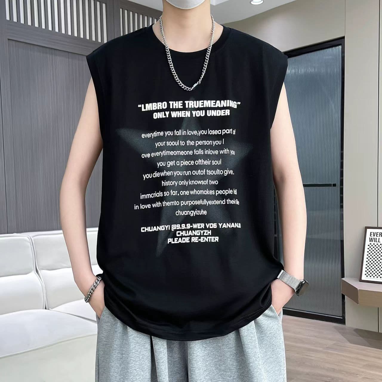 진짜 체외에서 싱글 조끼 남성 여름 조수 브랜드 운동 단색 다용도 민소매 어깨 패션 트렌드 캐주얼 티셔츠 이미지 5