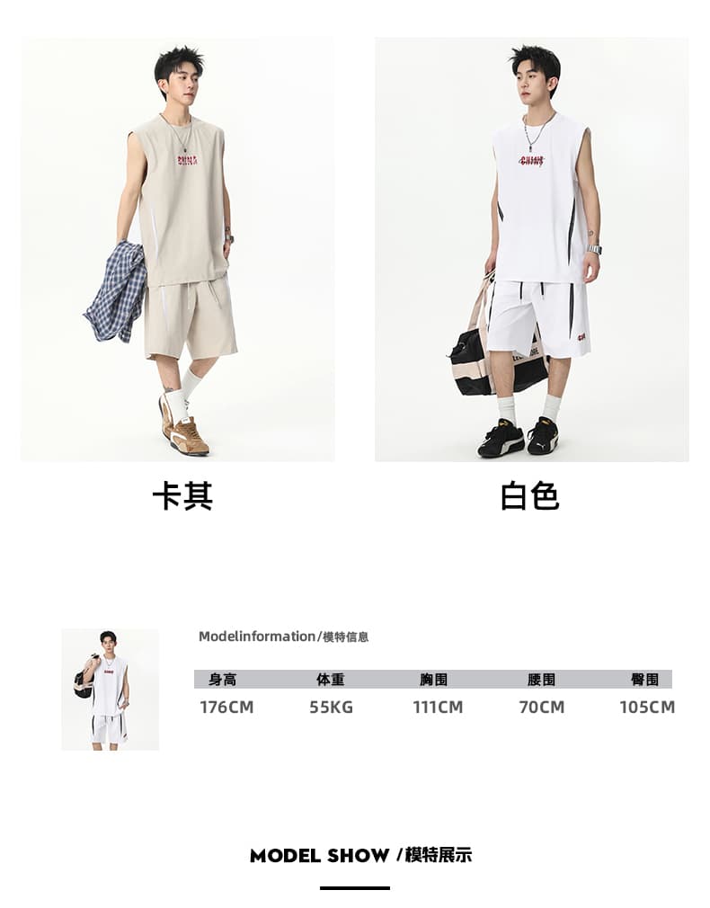 캐주얼 운동 야외 여름 새로운 스트라이프 패치워크 루즈핏 얇은 스타일 세트 남자 라운드 넥 어깨 반바지 투피스 세트 상세 이미지 9